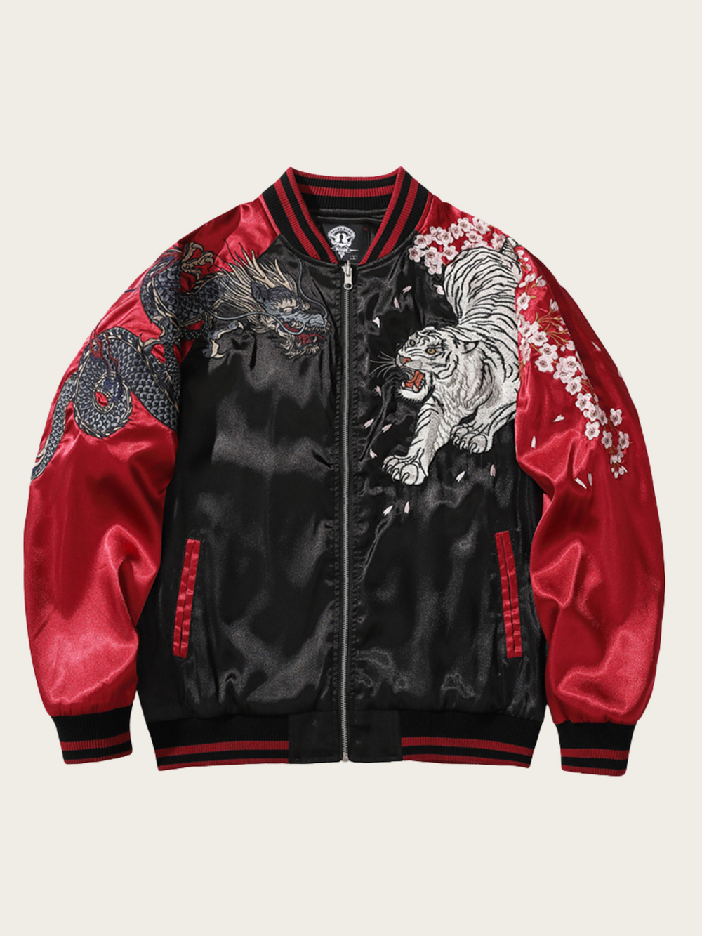Black and red jacket with tiger and floral designs on a beige background