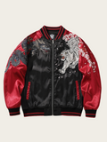 Black and red jacket with tiger and floral designs on a beige background