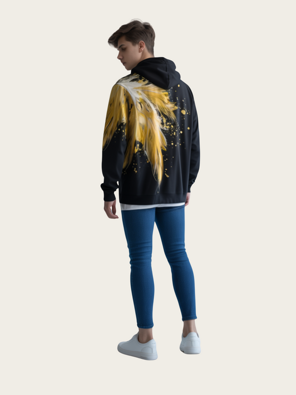 Person wearing a black hoodie with a colorful design on the back against a light gray background