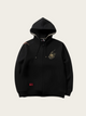 Black hoodie with a logo on the chest against a light beige background