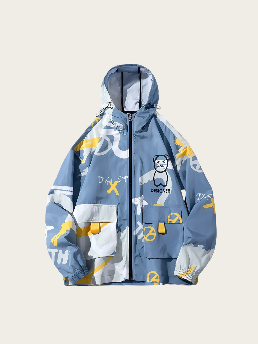 Blue jacket with cartoon character and text on a beige background