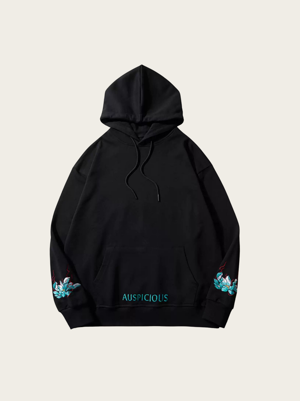 Black hoodie with floral designs on sleeves against a beige background
