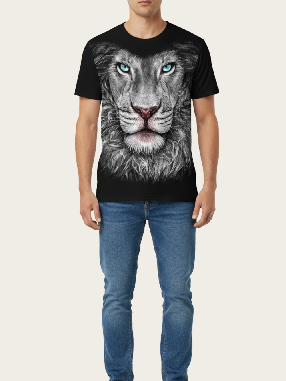 Person wearing a black t-shirt with a lion graphic design on a white background