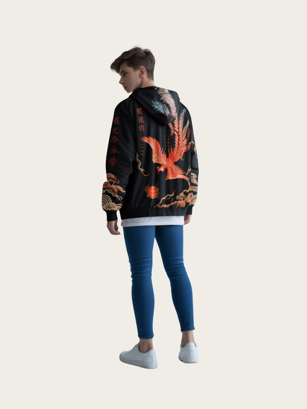 Person wearing a black hoodie with colorful designs on a plain background