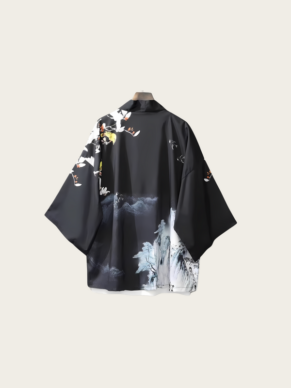 Black and White Feather Crane Kimono Jacket