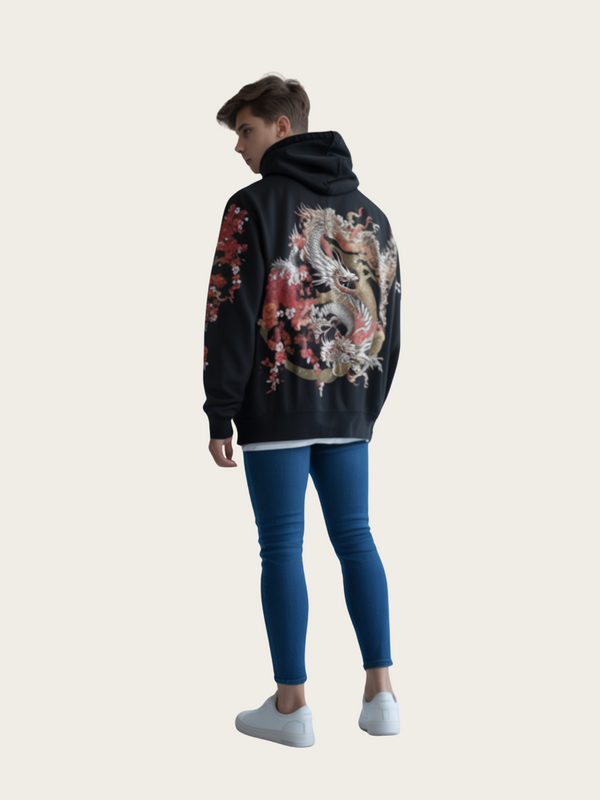 Person wearing a black hoodie with a colorful tiger design on the back, standing against a plain background.