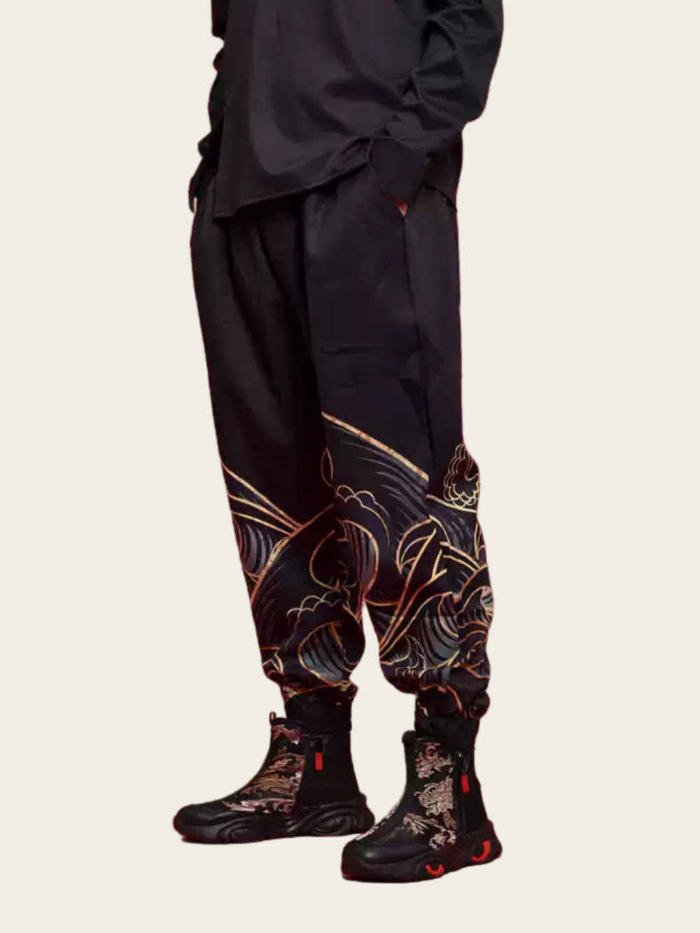 Japanese Wave Print Joggers – Black Gold Streetwear Pants