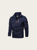 Navy blue jacket on a light beige background