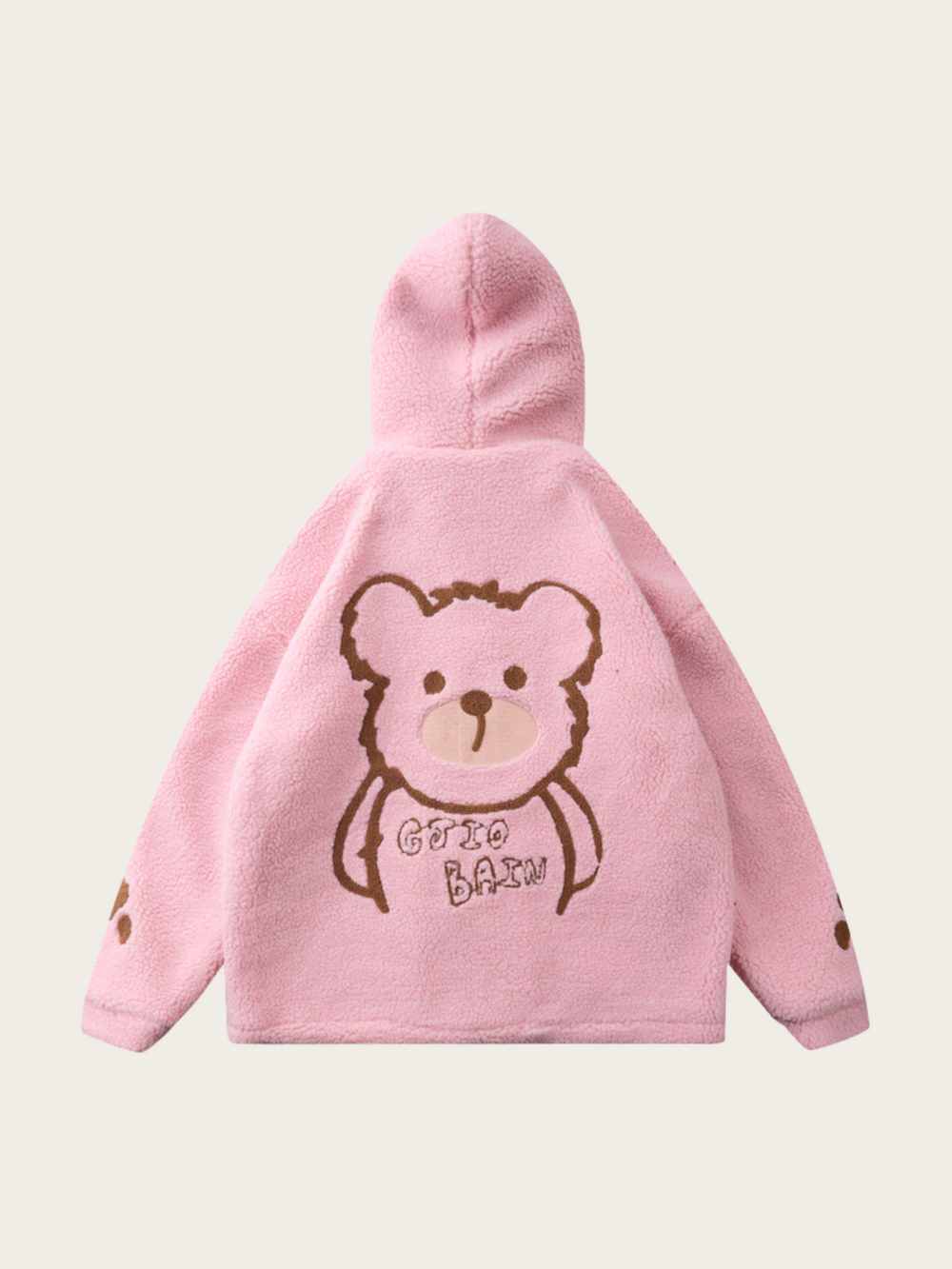 Pink children's hoodie with bear design on a light pink background