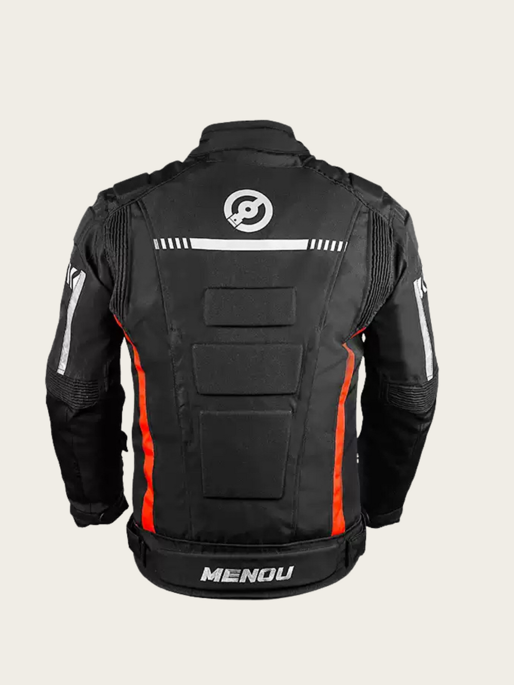 Black motorcycle jacket with red accents on a white background