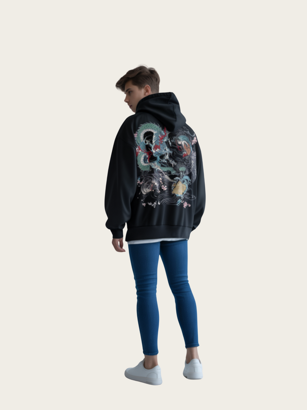 Person wearing a black hoodie with a colorful design on the back, standing against a plain background.