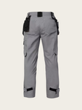 Gray work pants with multiple pockets and black accents on a light gray background