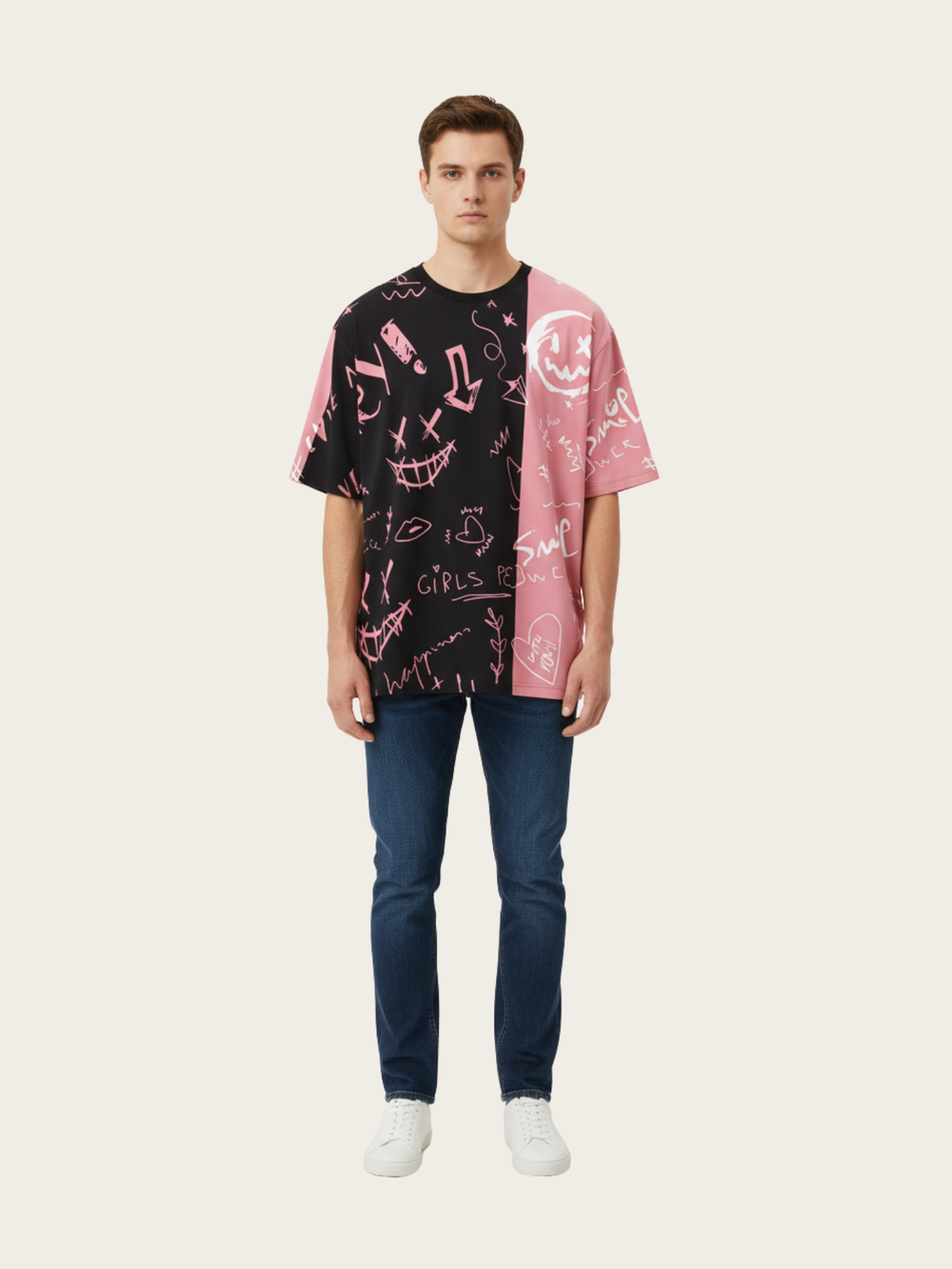 Smiley Doodle Japanese Graphic Tee – Bold & Playful Streetwear