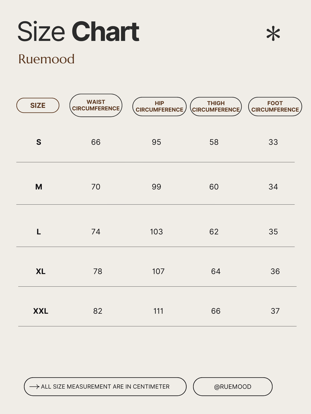 Size chart for Ruemood clothing with measurements in centimeters.