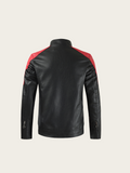 Black leather jacket with red accents on a beige background