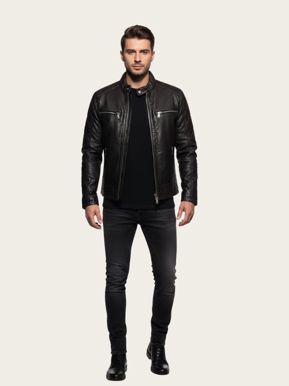 Man wearing a black leather jacket on a white background