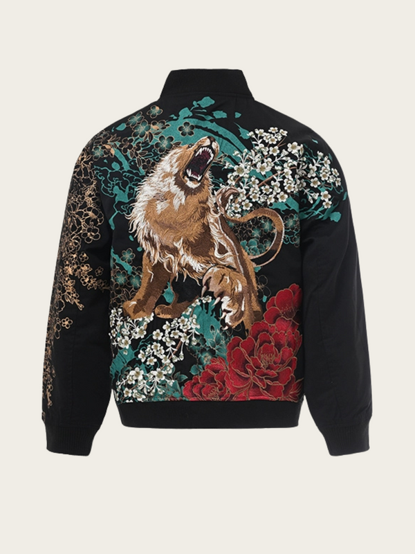 Black jacket with lion and floral embroidery on a beige background