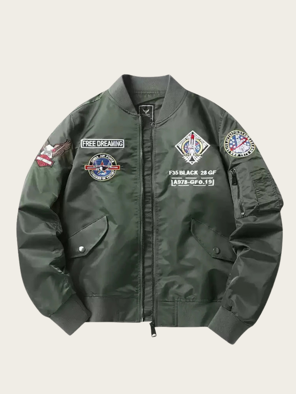 Green jacket with various patches on a light gray background