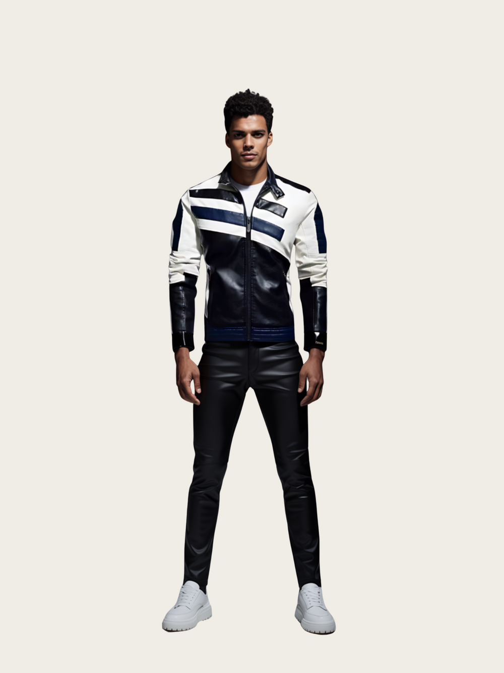 Person wearing a black and white striped leather jacket on a light gray background