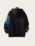 Black hoodie with colorful sleeves on a mannequin against a light background