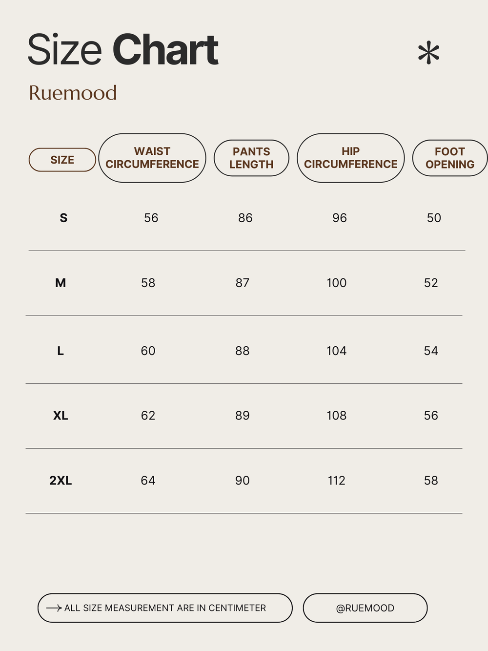 Size chart for Ruemood clothing with measurements in centimeters.
