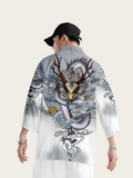 Person wearing a white shirt with a dragon design on a light gray background