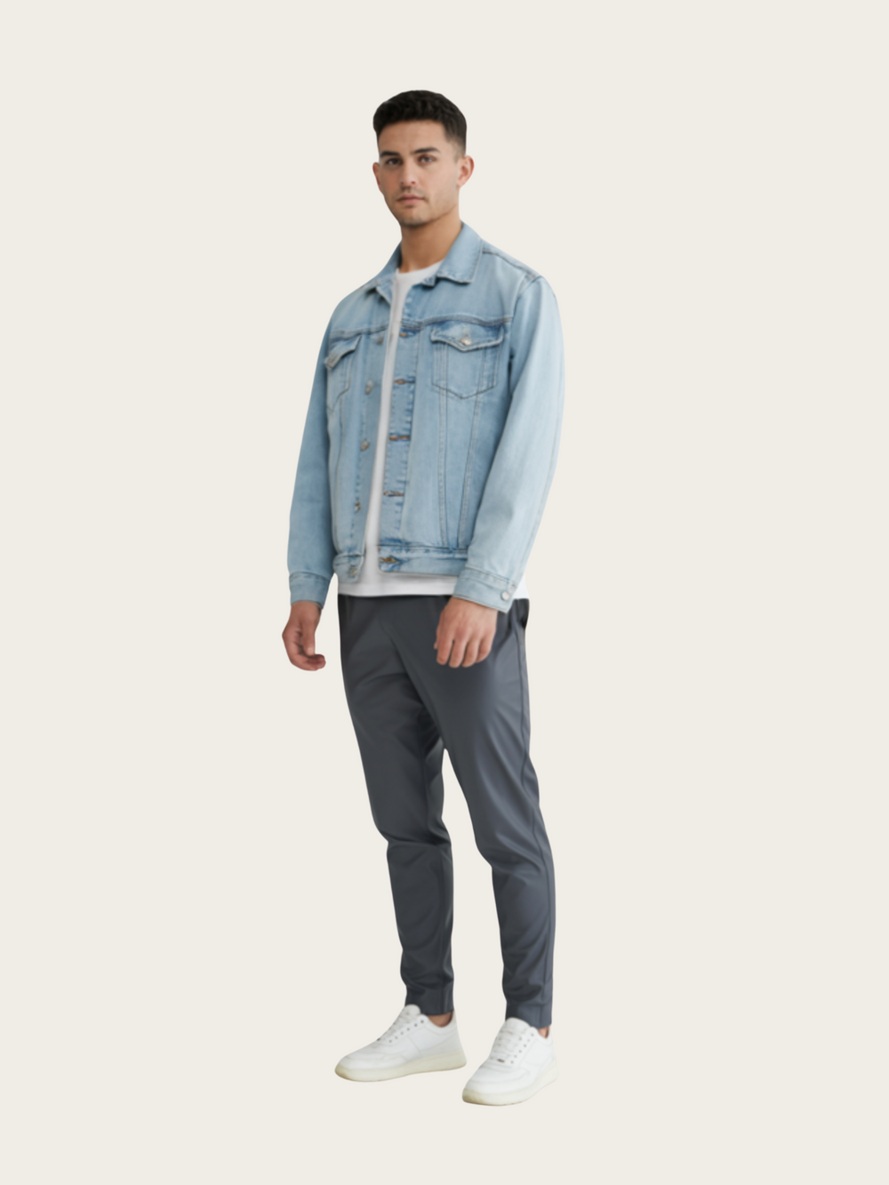 Man wearing a light blue denim jacket, white shirt, gray pants, and white sneakers on a white background