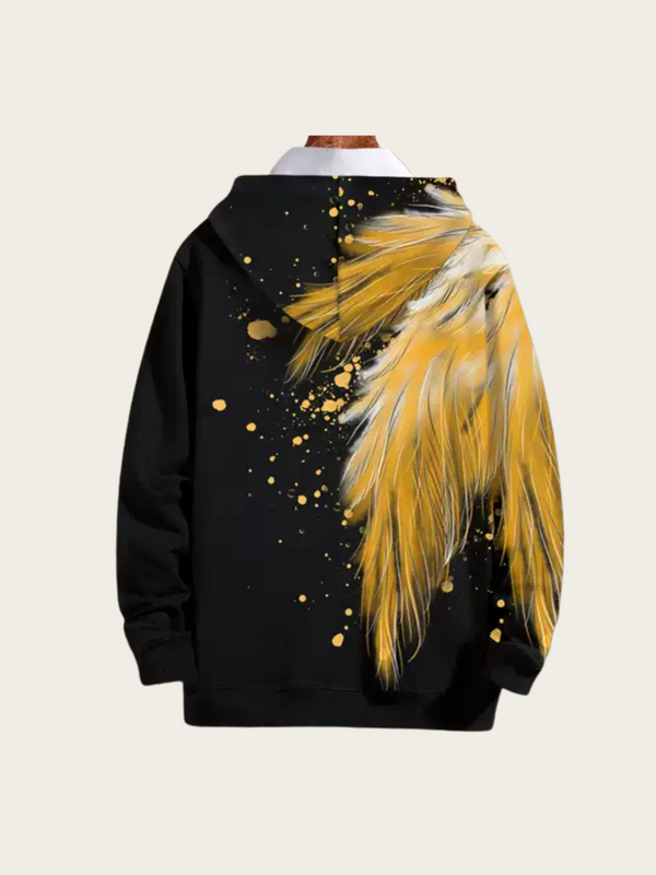 Black hoodie with yellow feather design on a beige background
