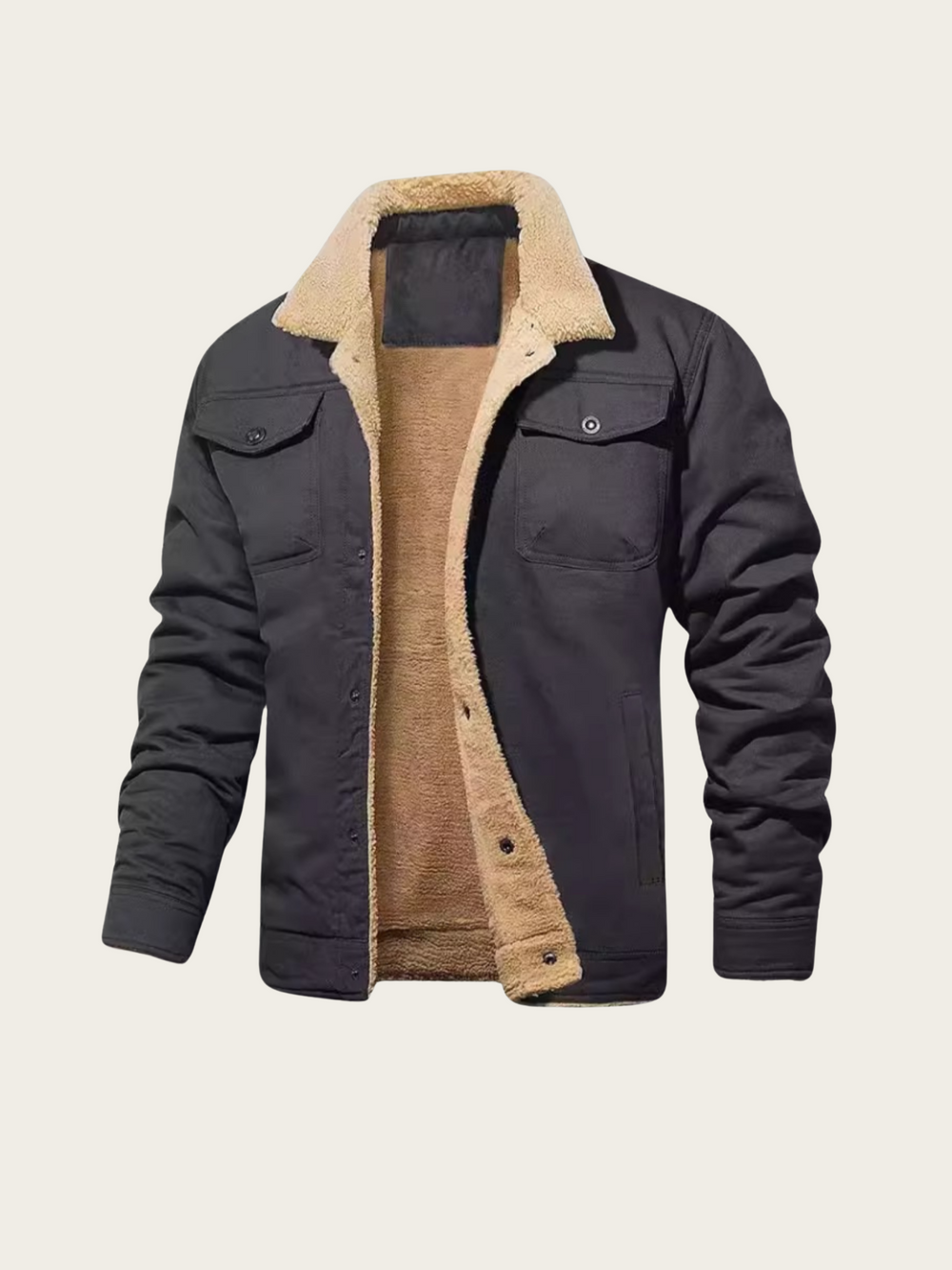 Black jacket with beige fur lining on a beige background