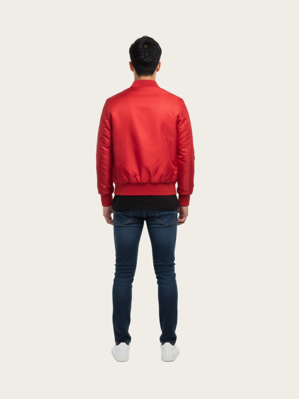 Red Satin Bomber Jacket with Embroidered Sleeves & Bee Patch