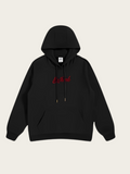 Black hoodie with red text on a light gray background