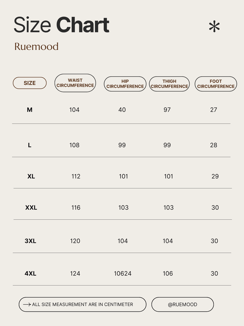 Size chart for Ruemood clothing with measurements in centimeters.