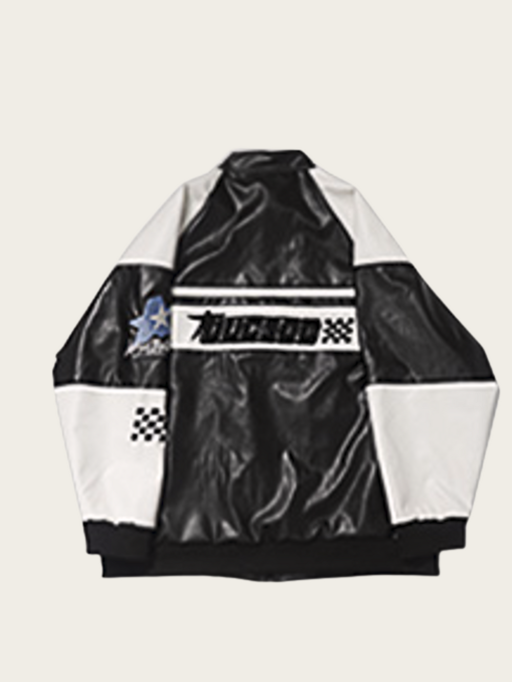 Black and white jacket with racing-themed design on a light gray background