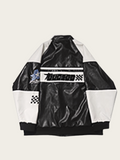 Black and white jacket with racing-themed design on a light gray background