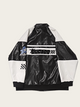 Black and white jacket with racing-themed design on a light gray background