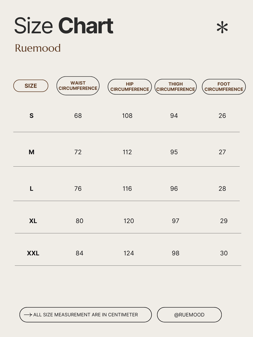 Size chart for Ruemood clothing with measurements in centimeters.