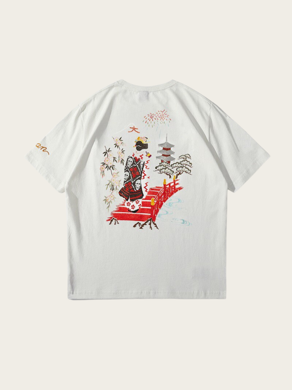 White t-shirt with colorful graphic design on a white background