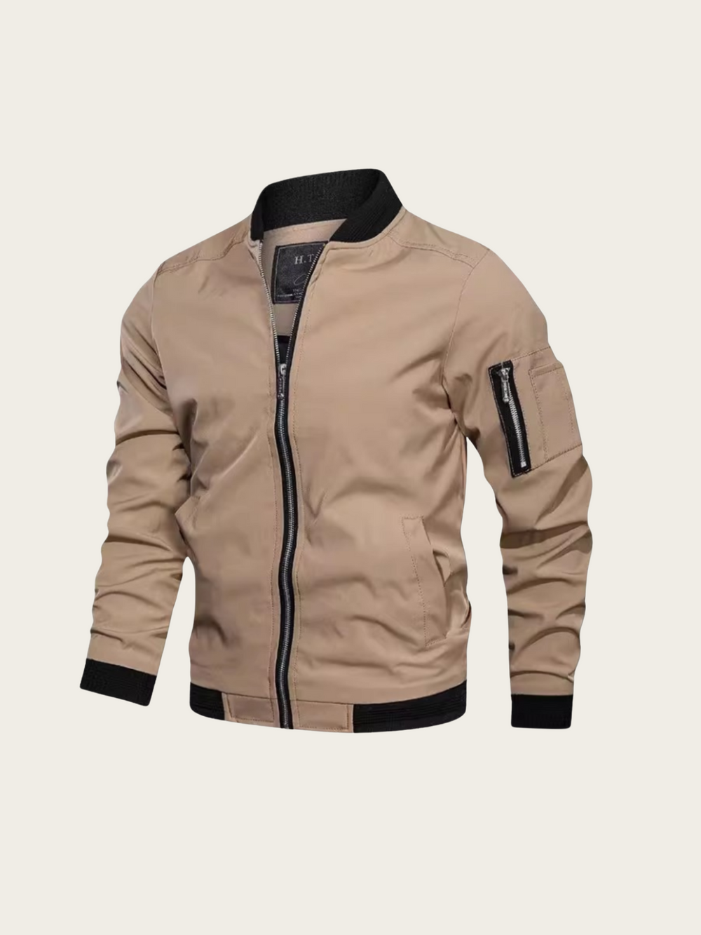 Beige jacket with black accents on a beige background