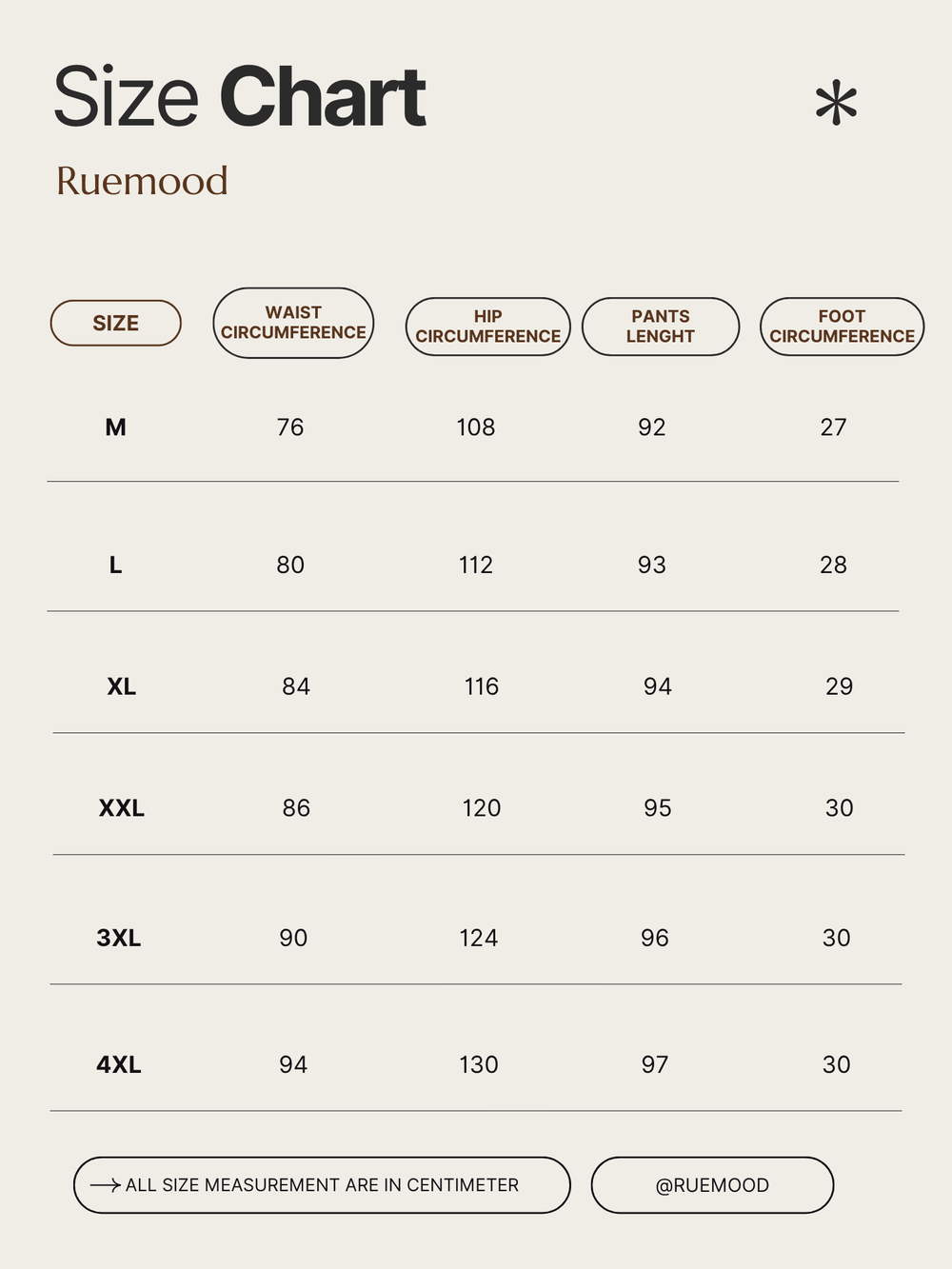 Size chart for Ruemood clothing with measurements in centimeters.