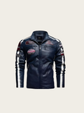 Black leather jacket with patches on a beige background