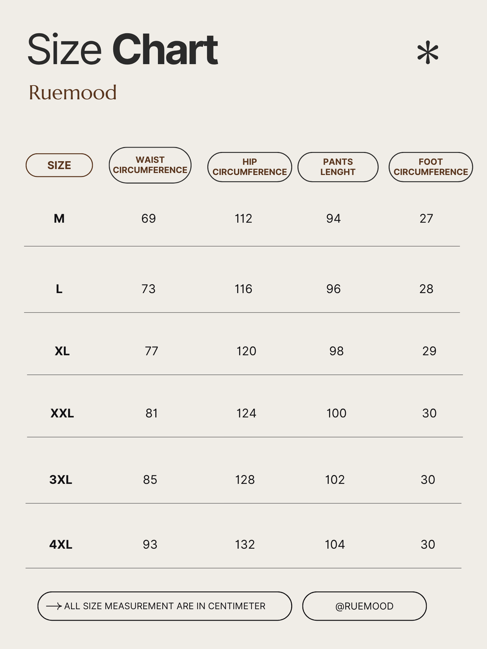 Size chart for Ruemood clothing with measurements in centimeters.