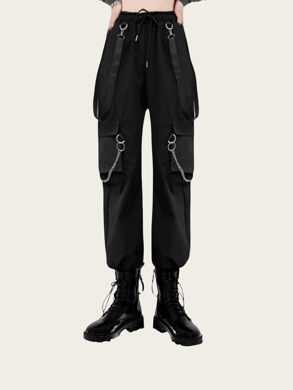 Black cargo pants with suspenders and chains on a white background