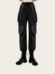 Black cargo pants with suspenders and chains on a white background