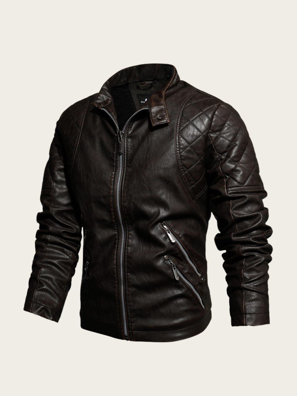Black leather jacket on a light beige background