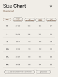 Size chart for clothing by Ruemood with measurements in centimeters.