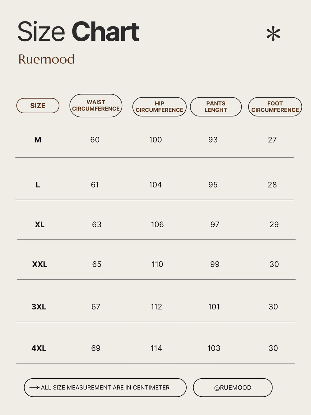 Size chart for clothing measurements by Ruemood on a white background