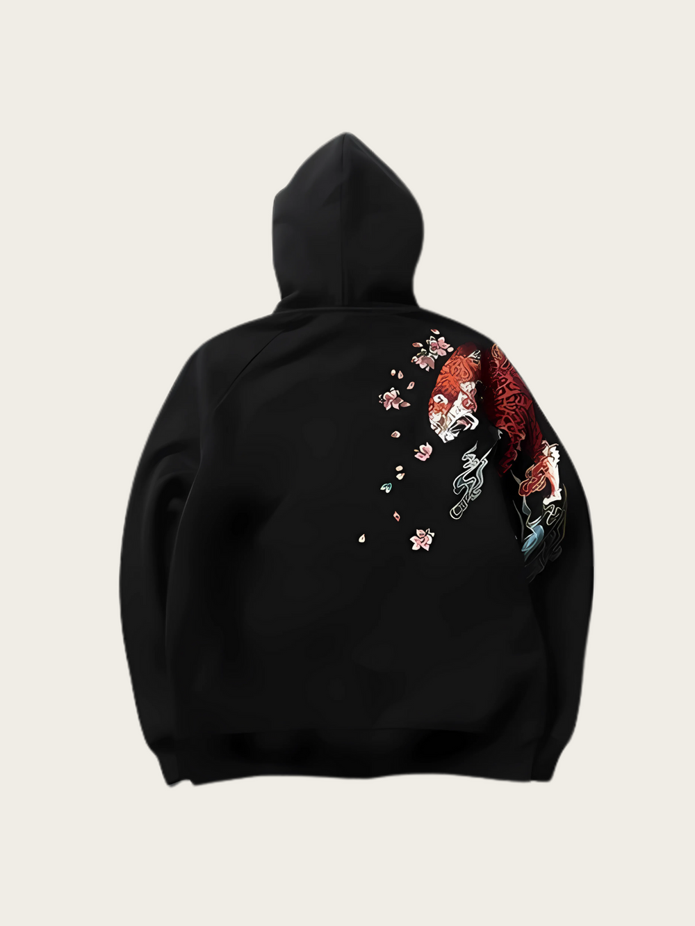 Black hoodie with colorful designs on the back against a light beige background