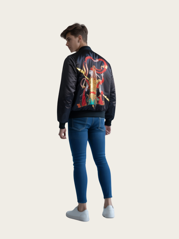Person wearing a black bomber jacket with colorful graphics on the back, standing against a plain background.