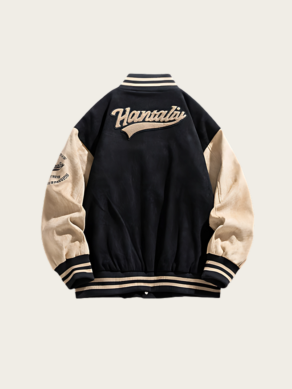 Black and beige varsity jacket with 'Hankut' branding on a light beige background