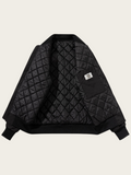 Black quilted jacket on a beige background